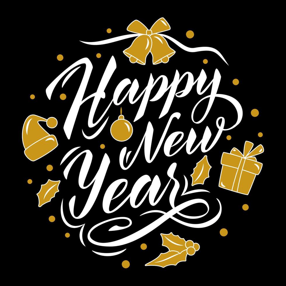 Happy New Year lettering composition in a black circle Christmas ball. Two colours gold and white. Vector elements for label, greeting card, poster, banner, flyer, christmas decoration