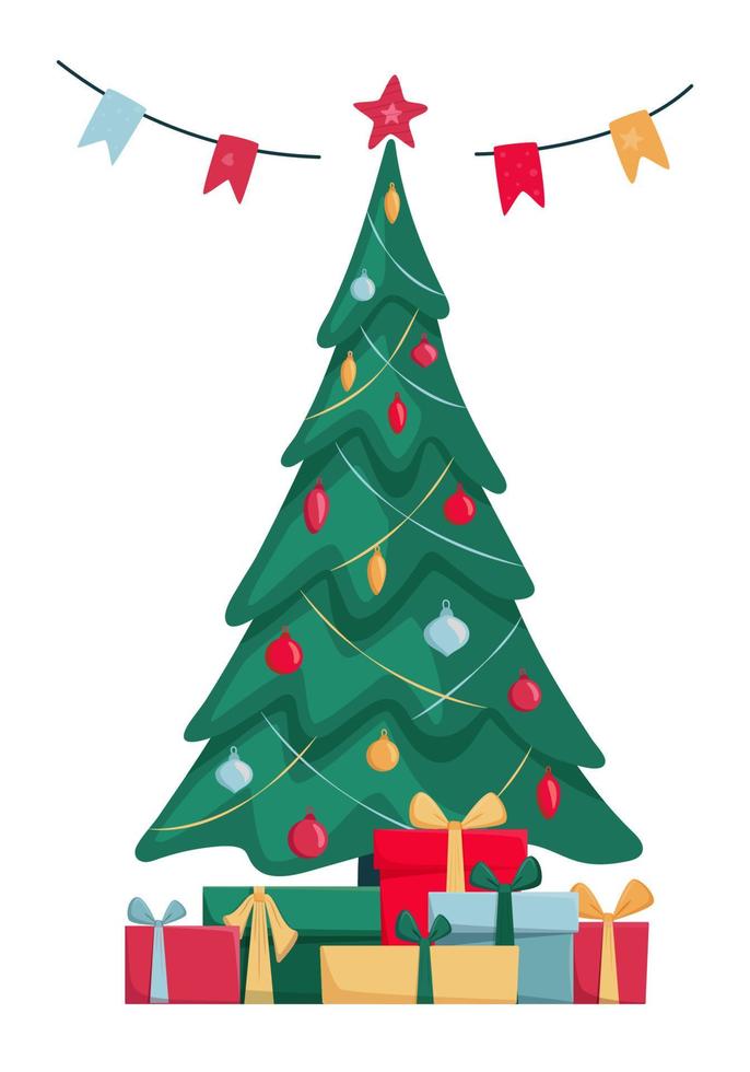 árbol de navidad decorado con cajas de regalo, estrella, bolas de decoración y guirnalda. feliz navidad y un feliz año nuevo concepto. ilustración vectorial en estilo plano de moda para tarjetas de felicitación, pancartas, carteles vector