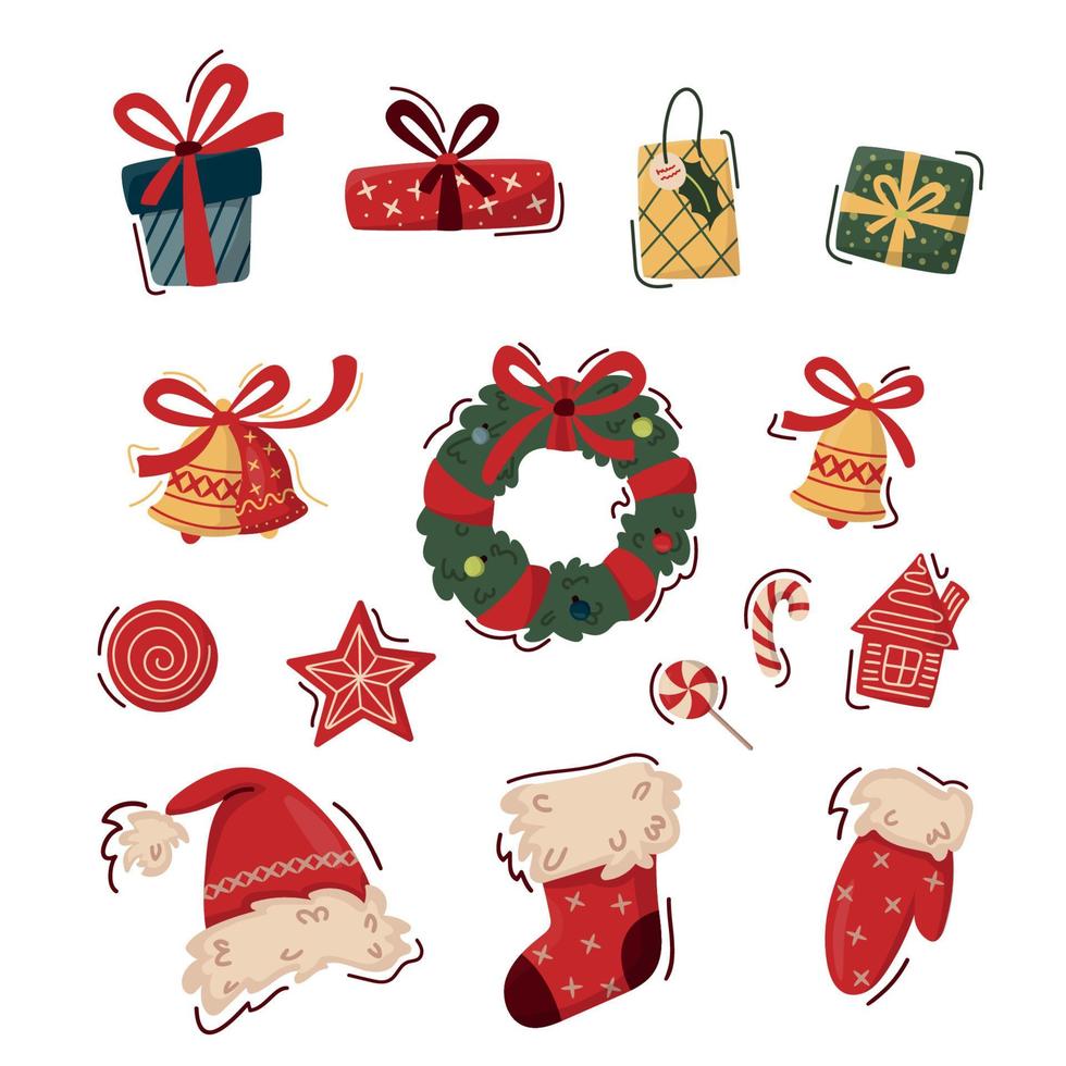 Set of Christmas elements in trendy flat style. Christmas wreath, Santa hat, gift sock, bells, cookies and lollipops, decorated gift boxes. For banner, poster, cards, invitations, apps. vector