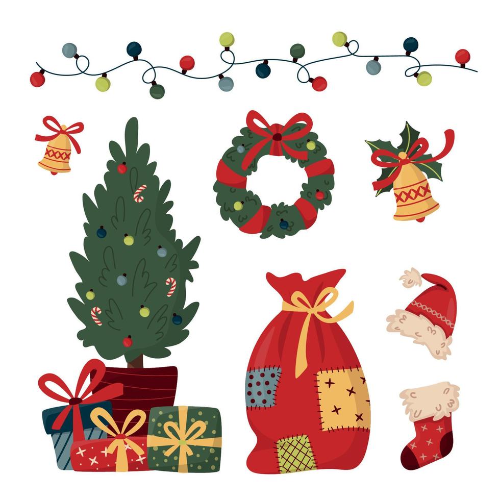 Set of Christmas elements in trendy flat style. Christmas wreath, decorated fir with gift boxes, gift sock, santa hat, garland, bag with gifts. For banner, poster, cards, invitations, apps, advent vector