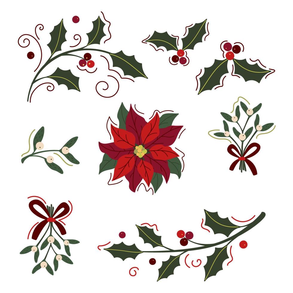 Set of holly and mistletoe branches and  poinsettia isolated on white. Xmas vector floral elements for winter holiday design, postcard, banner, flyer, advent, invitation