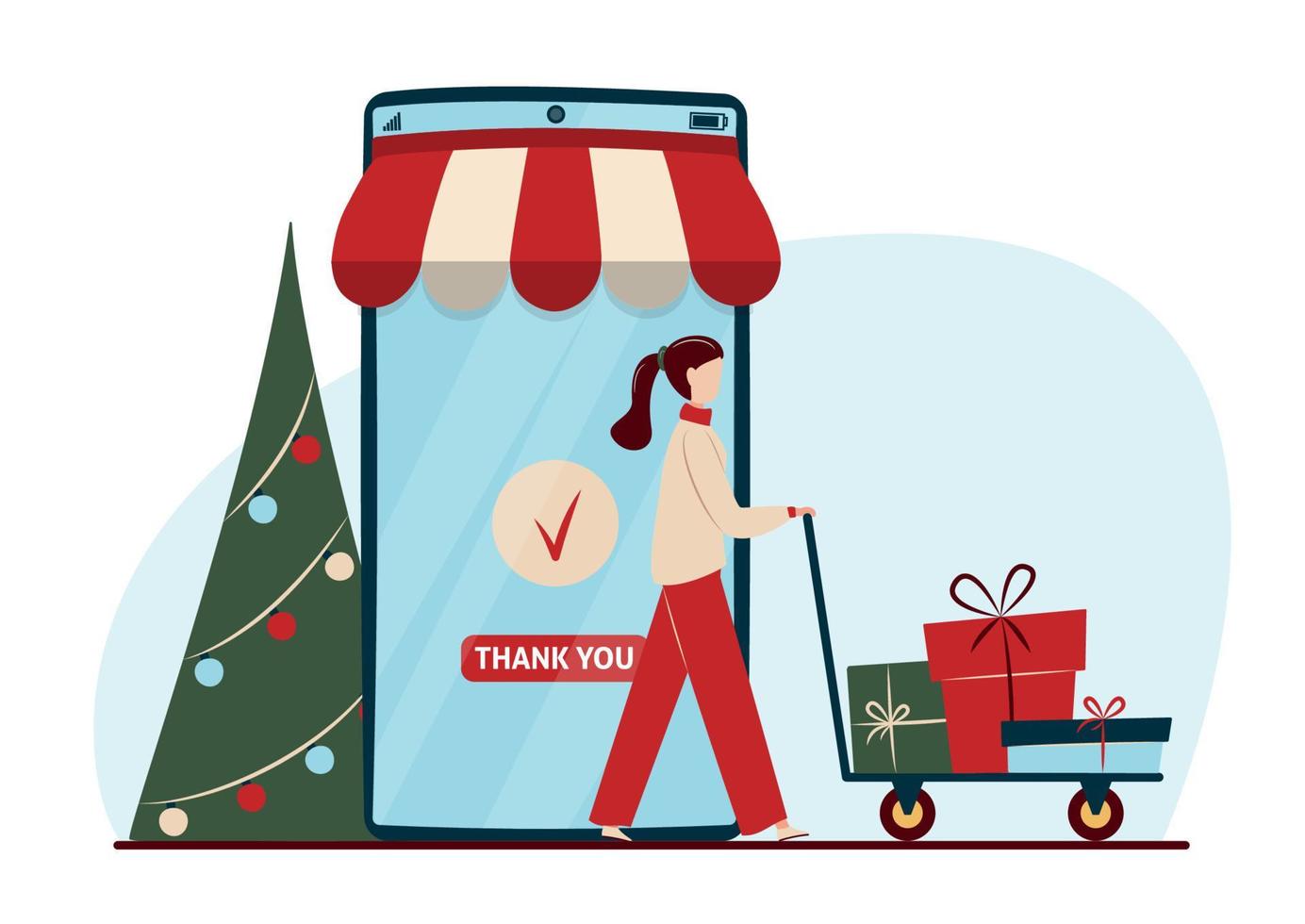 concepto de compra online con personajes. teléfono móvil, árbol de navidad decorado y mujer con cajas de regalo. Tienda online de comercio electrónico, concepto de marketing digital. compras navideñas por aplicación de teléfono. vector