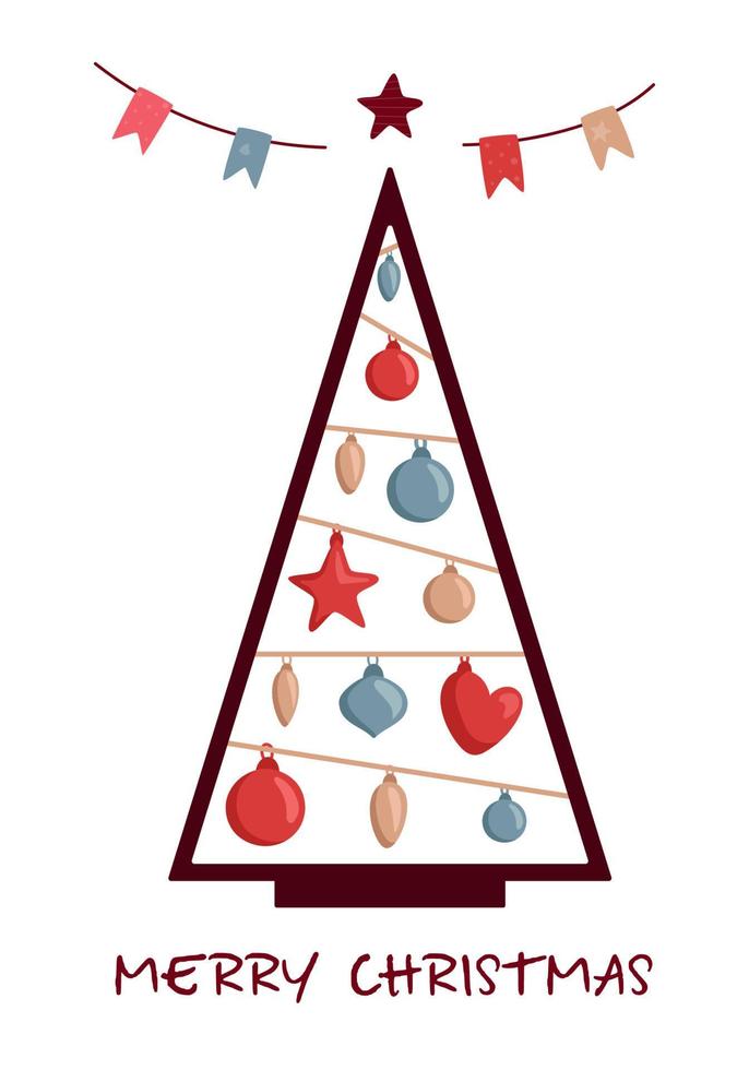 árbol de navidad decorado minimalista con estrella, bolas de decoración y guirnalda. feliz navidad y un feliz año nuevo concepto. ilustración vectorial en estilo plano de moda para tarjetas de felicitación, pancartas, carteles vector