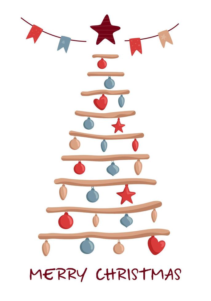 Minimalistic decorated christmas tree with star, decoration balls and garland. Merry Christmas concept. Scandinavian Style. Vector illustration in trendy flat style for greeting card, banner, poster