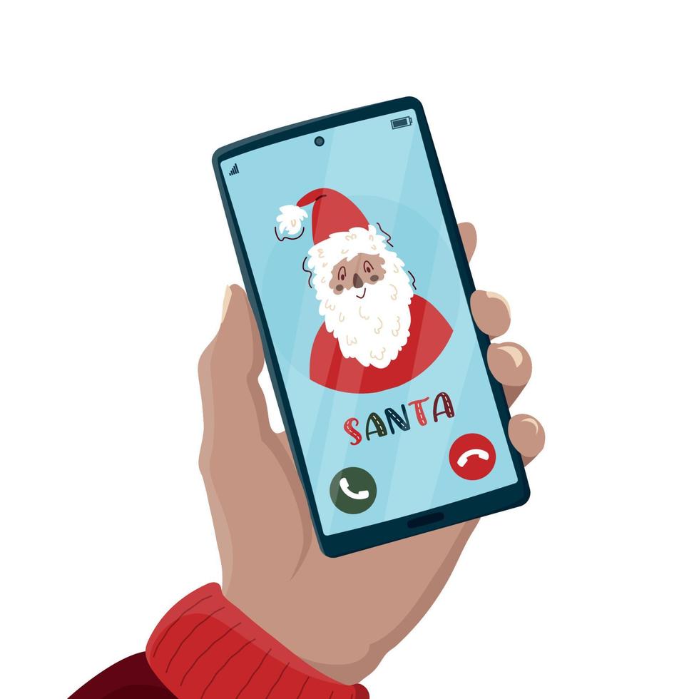 llamada telefónica navideña de santa claus con saludo navideño y feliz año nuevo. teléfono inteligente en la mano. santa llamada telefónica. ilustración vectorial en estilo plano de moda para pancartas, sitios web, infografías vector