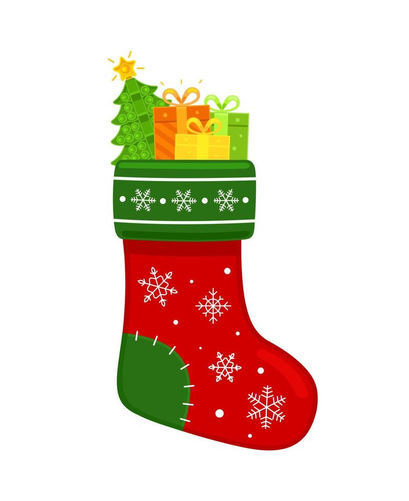 Christmas red traditional sock with gift boxes, presents and tree. New Year theme. New Year. Vector illustration