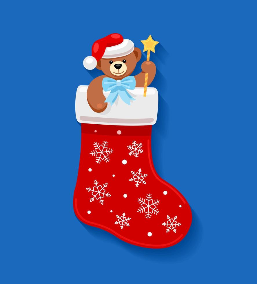 Christmas sock with a cute teddy bear in a hat. New Year's theme. New Year. Vector illustration