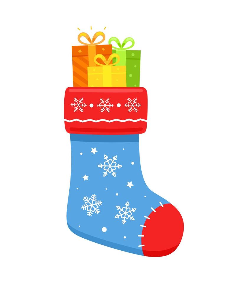 Christmas blue traditional sock with gift boxes. New Year theme. New Year. Vector illustration