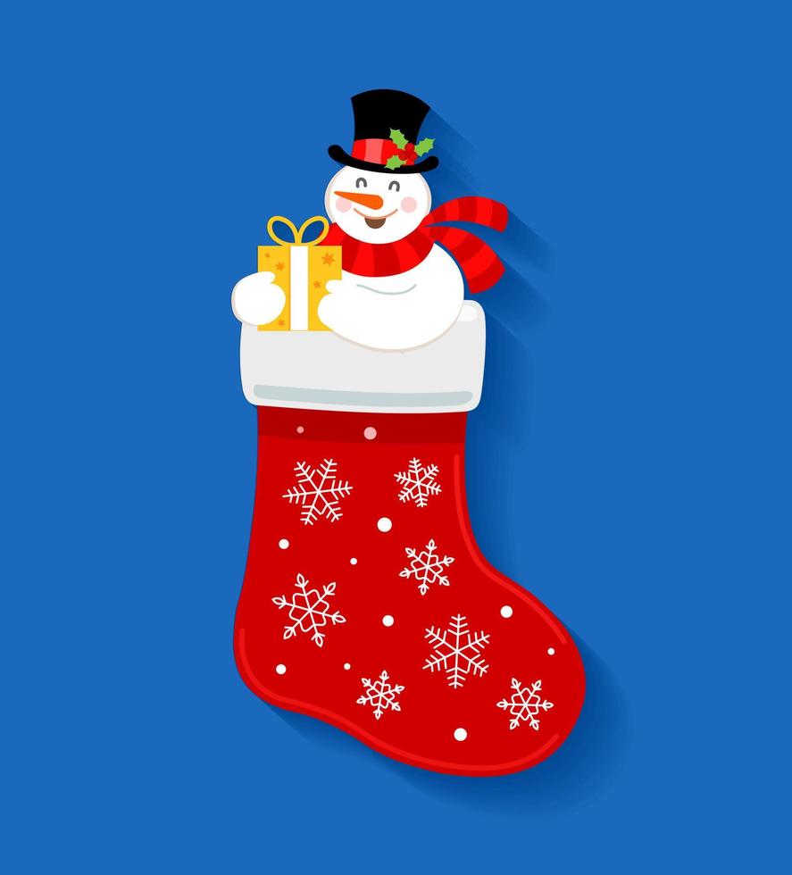 Christmas sock with a cute snowman and a gift. New Year theme. New Year. Vector illustration