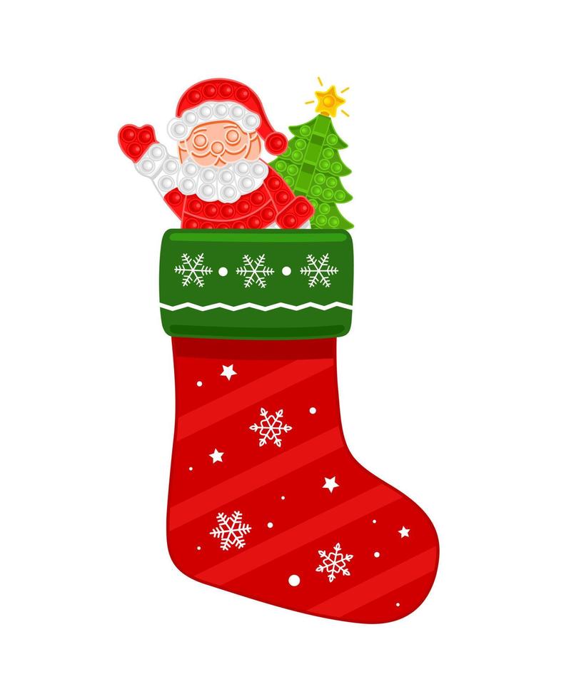 Christmas red traditional sock with Santa Claus and Christmas tree. Pop it. New Year theme. New Year. Vector illustration