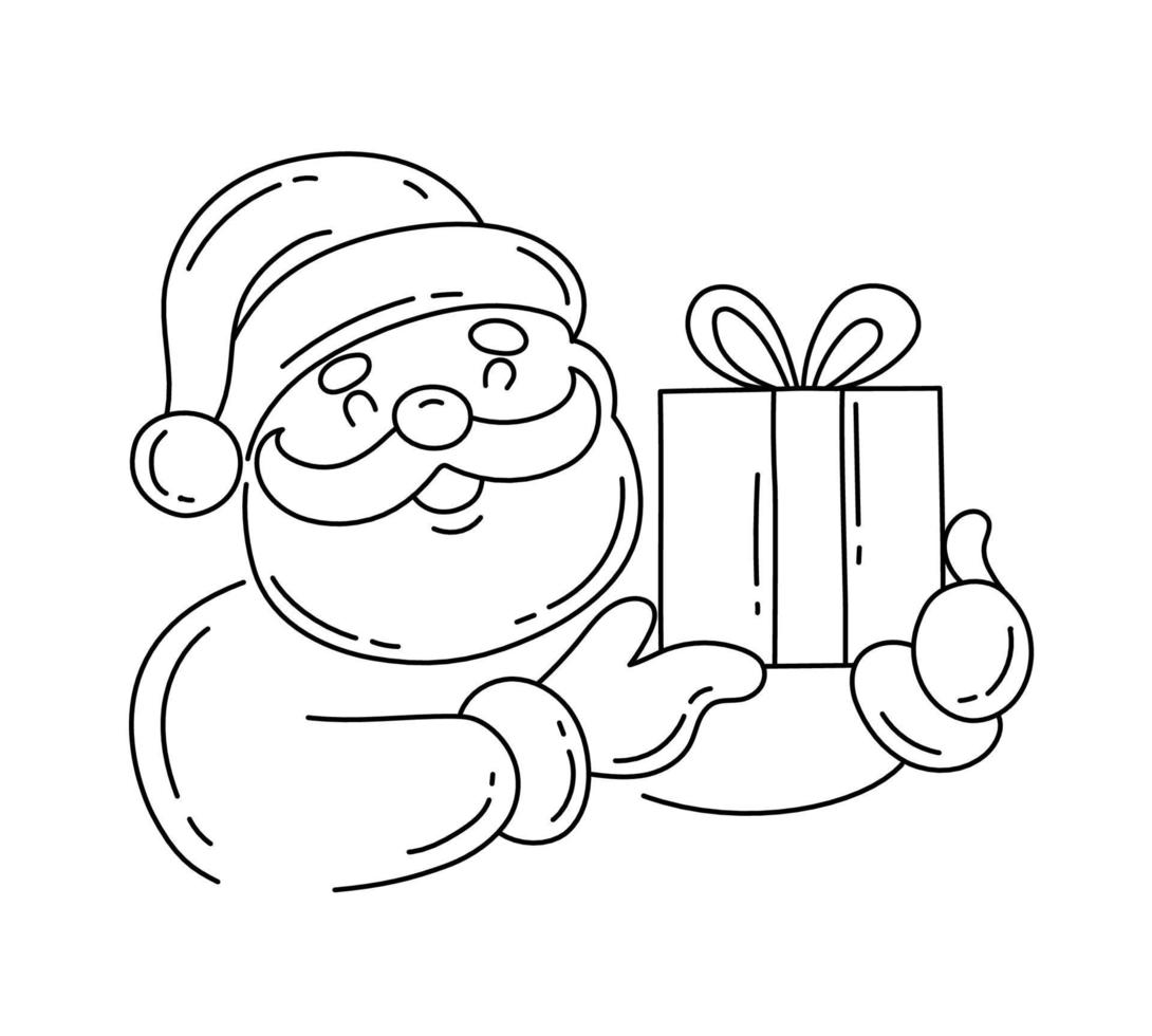 Santa Claus with a gift in his hands. New Year's theme. Doodle style. Vector linear illustration