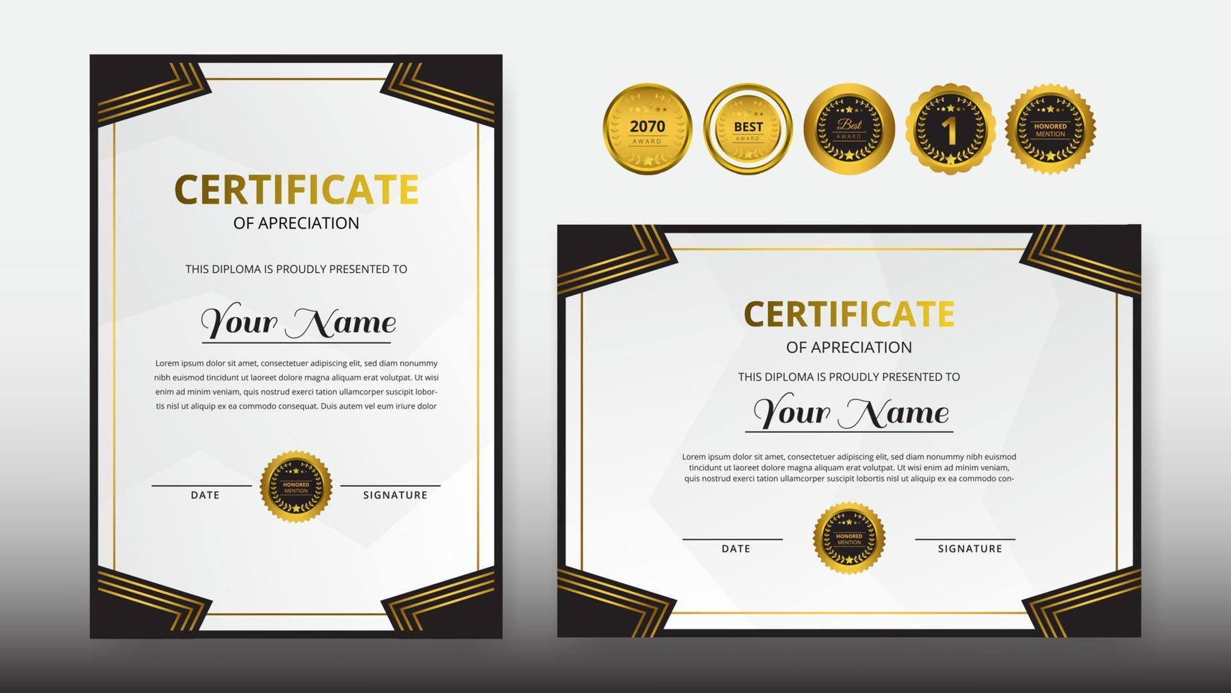 Certificado de lujo negro dorado degradado con insignia dorada para necesidades de premios, negocios y educación vector