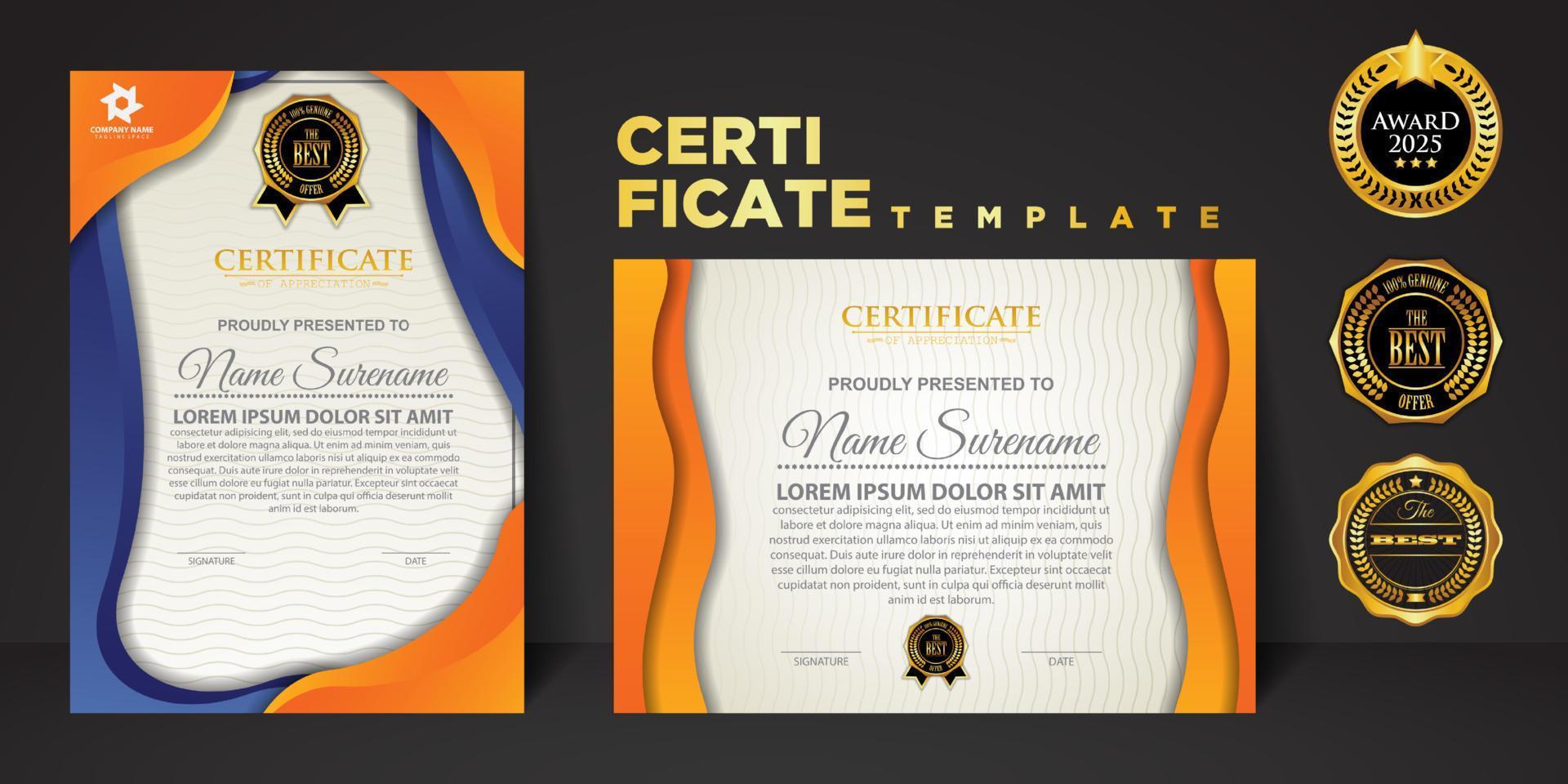 plantilla de certificado moderno en gradación y colores dorados, lujo y estilo moderno e imagen vectorial de estilo de premio. vector