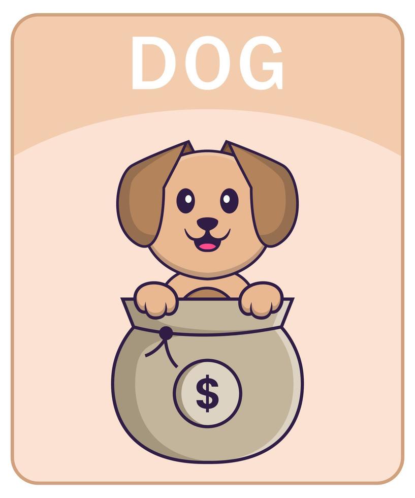 Alphabet flashcard with Cute dog cartoon character. vector