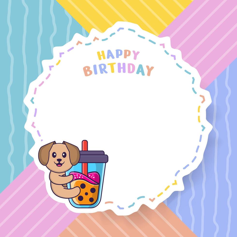 Happy Birthday greeting card with Cute dog cartoon character. Vector Illustration