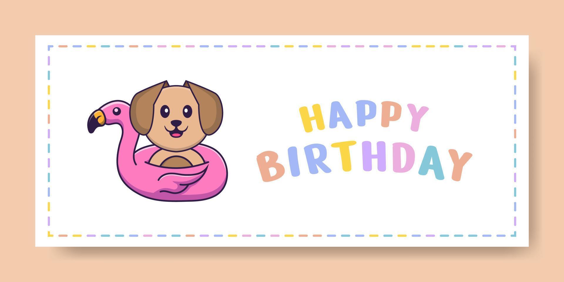 Happy Birthday banner with Cute dog cartoon character. Vector Illustration