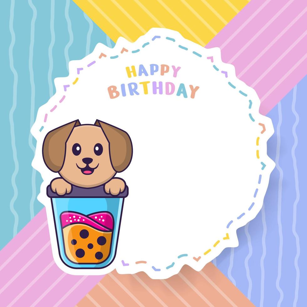 Happy Birthday greeting card with Cute dog cartoon character. Vector Illustration