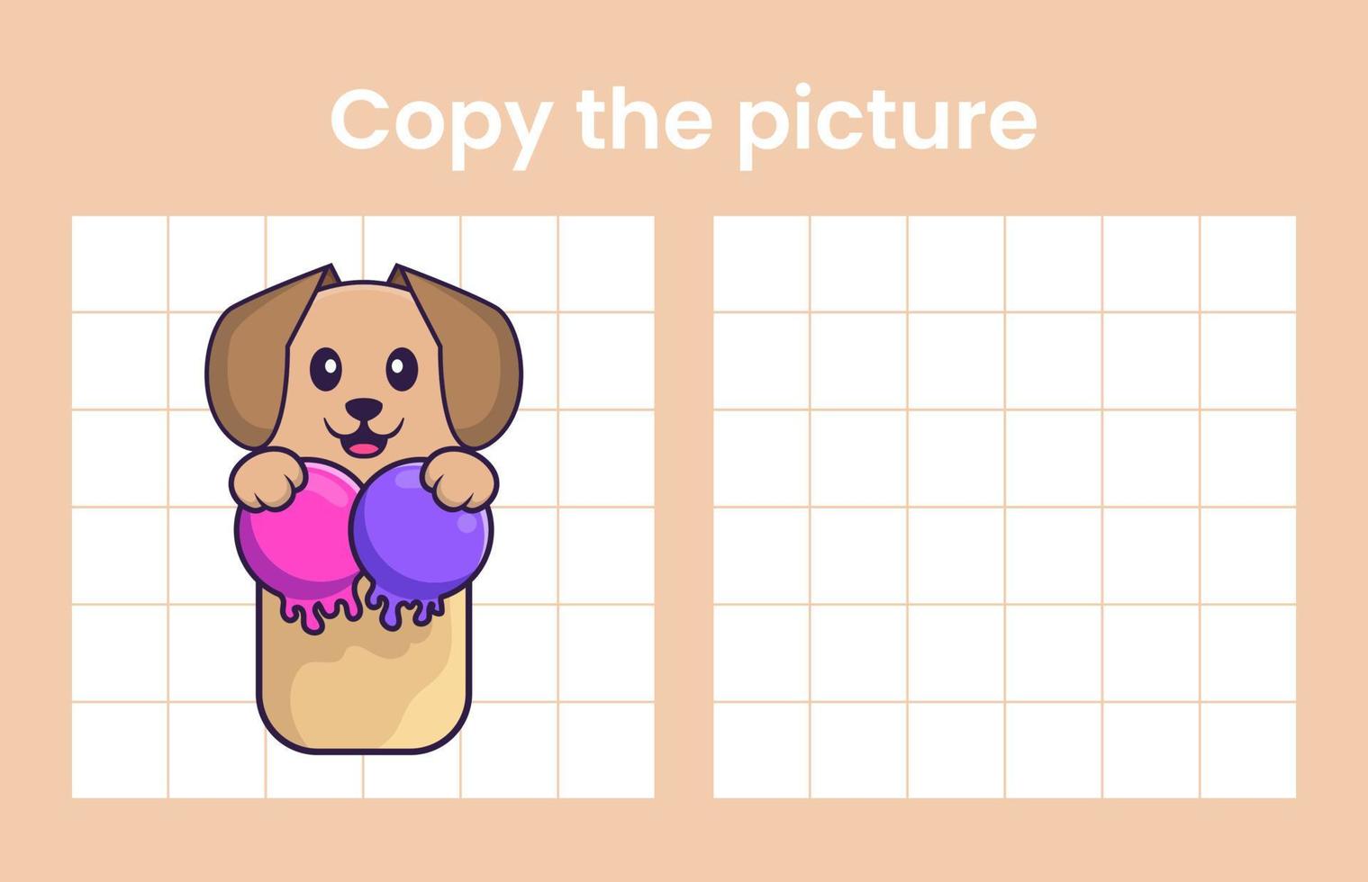 Copy the picture of a cute dog. Educational game for children. Cartoon vector illustration