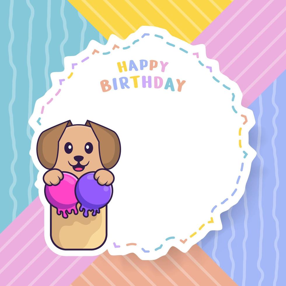 Happy Birthday greeting card with Cute dog cartoon character. Vector Illustration