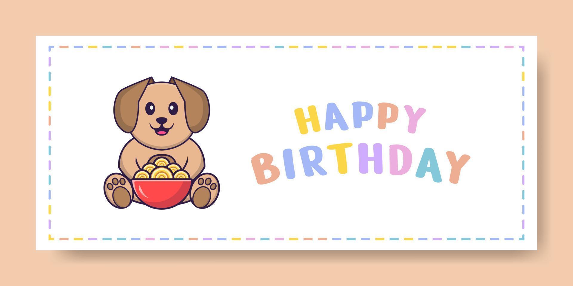 Happy Birthday banner with Cute dog cartoon character. Vector Illustration