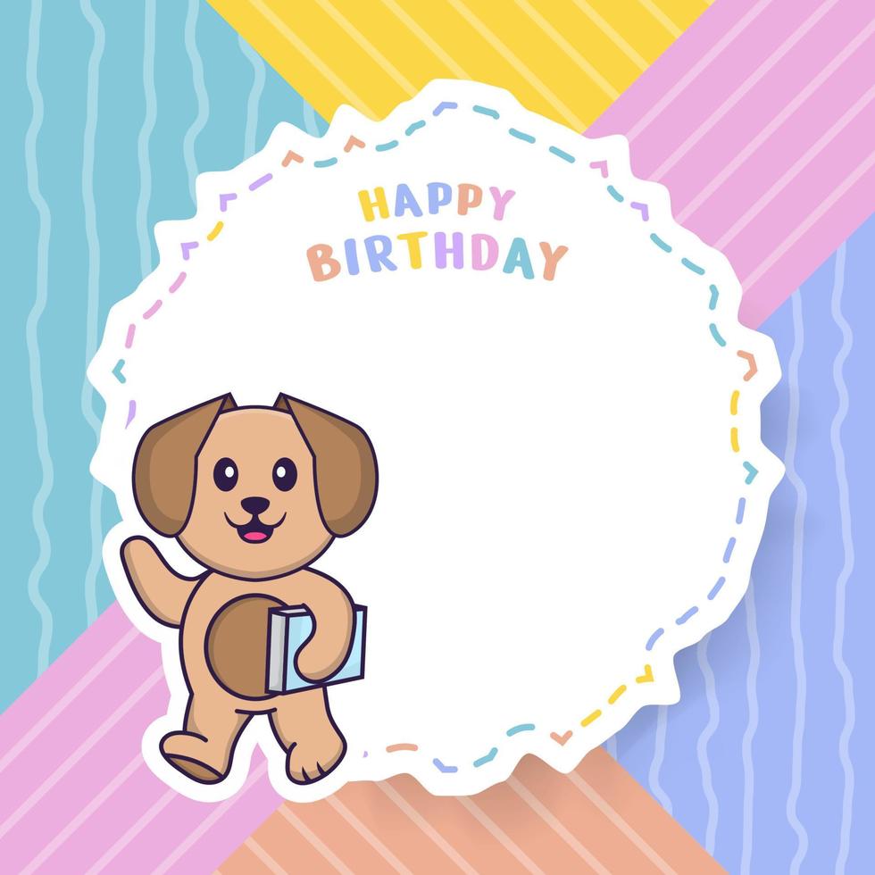 Happy Birthday greeting card with Cute dog cartoon character. Vector Illustration