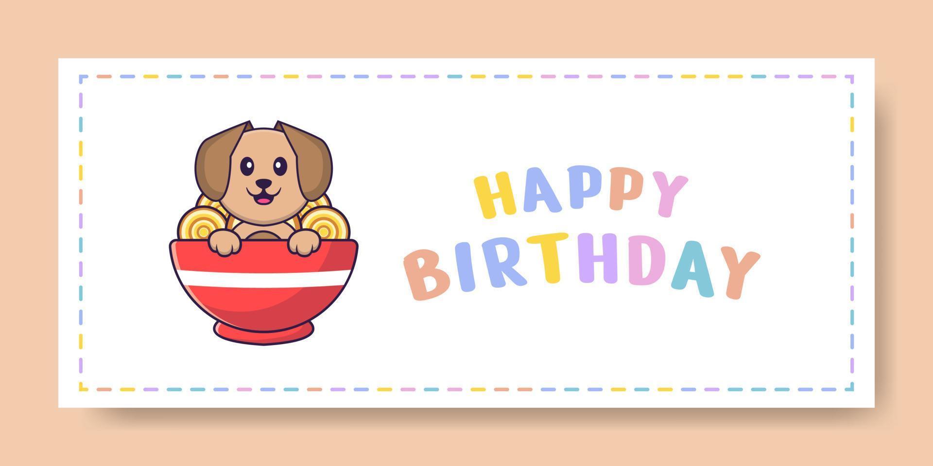 Happy Birthday banner with Cute dog cartoon character. Vector Illustration