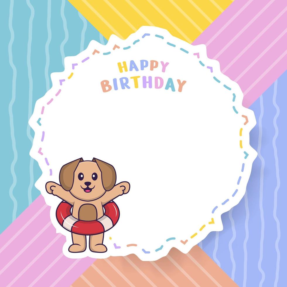 Happy Birthday greeting card with Cute dog cartoon character. Vector Illustration