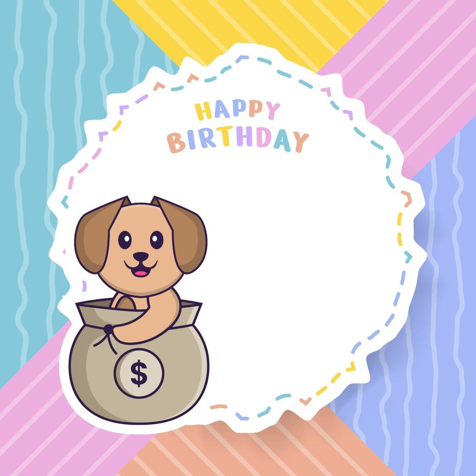 Happy Birthday greeting card with Cute dog cartoon character. Vector Illustration