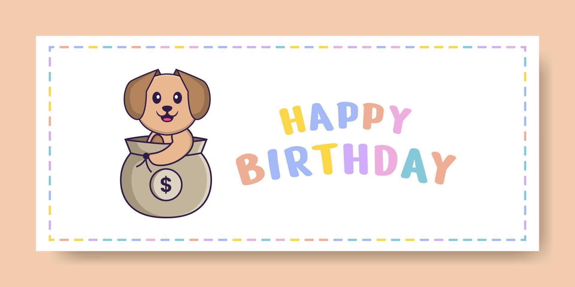 Happy Birthday banner with Cute dog cartoon character. Vector Illustration