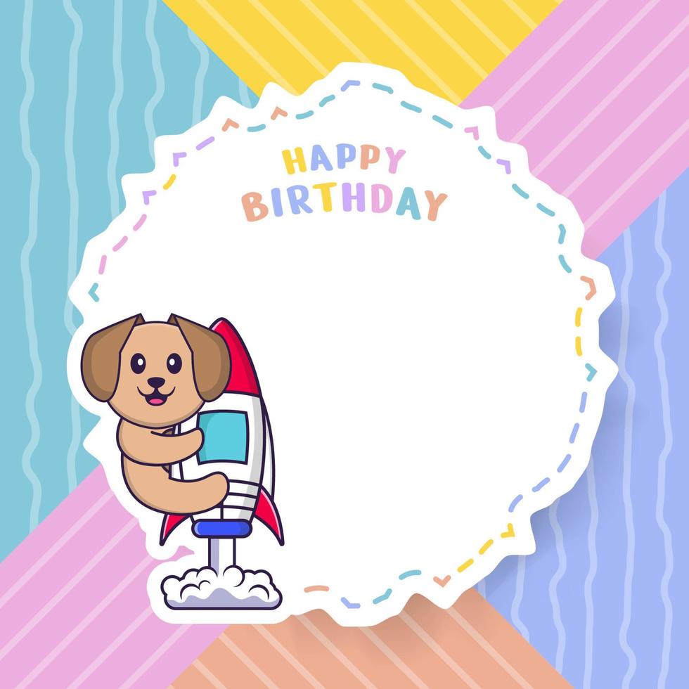 Happy Birthday greeting card with Cute dog cartoon character. Vector Illustration