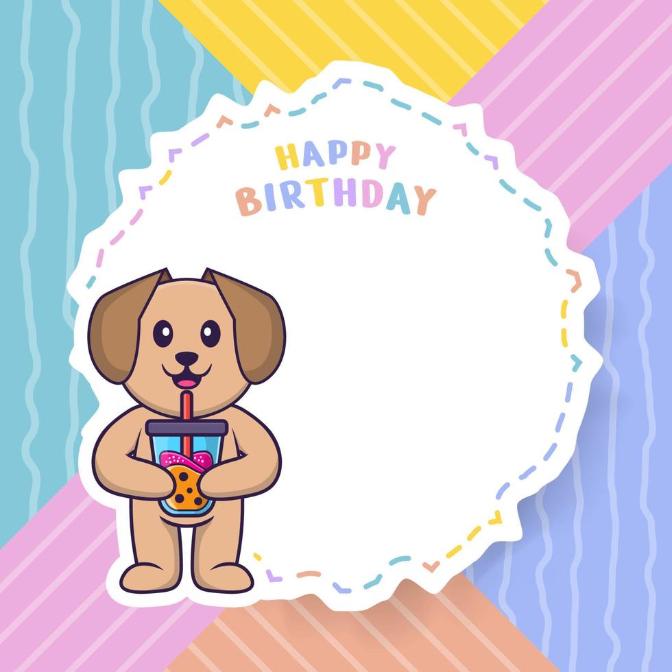 Happy Birthday greeting card with Cute dog cartoon character. Vector Illustration