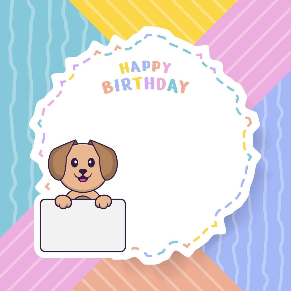 Happy Birthday greeting card with Cute dog cartoon character. Vector Illustration