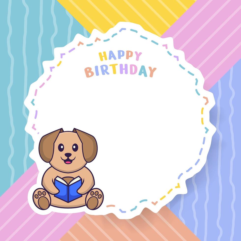 Happy Birthday greeting card with Cute dog cartoon character. Vector Illustration