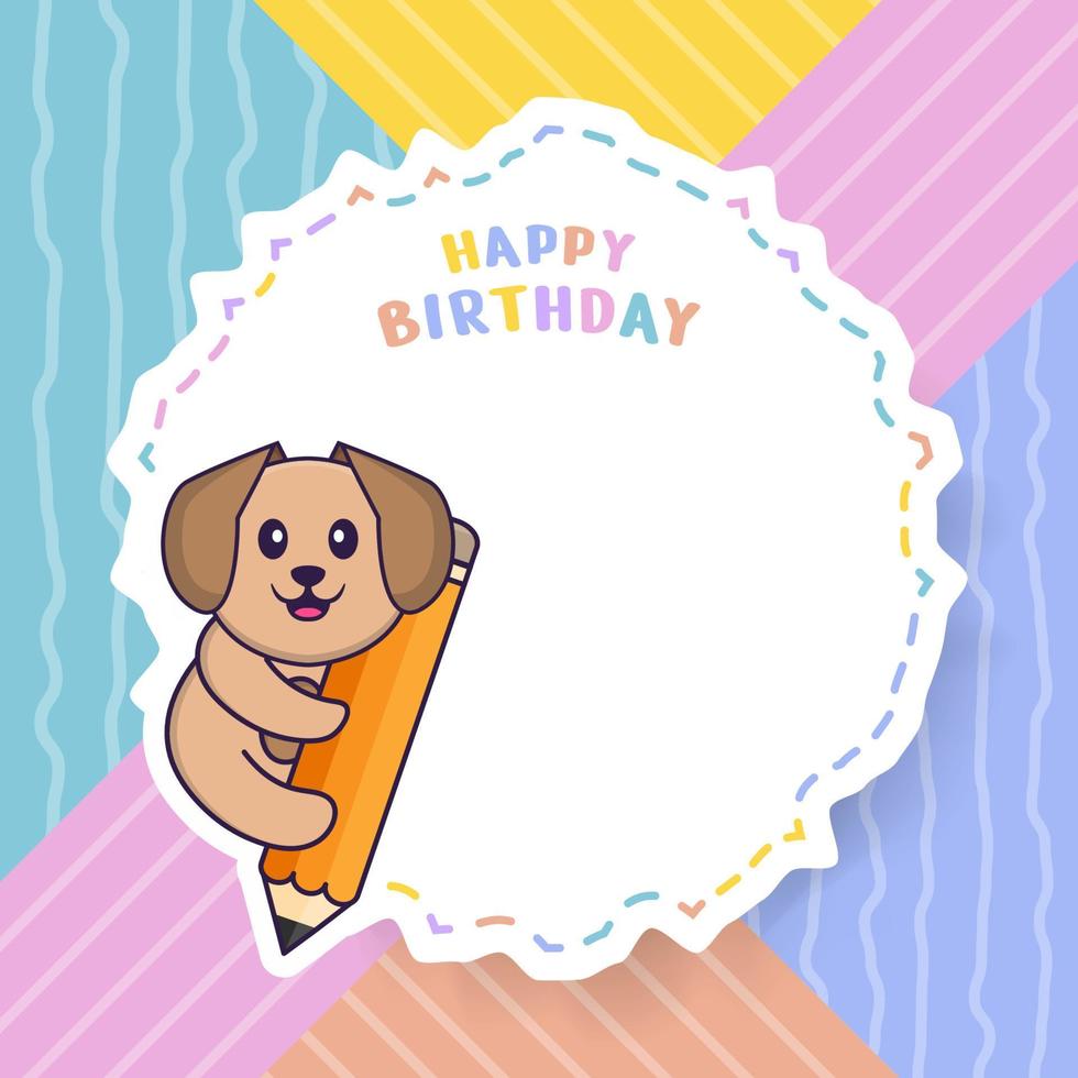 Happy Birthday greeting card with Cute dog cartoon character. Vector Illustration