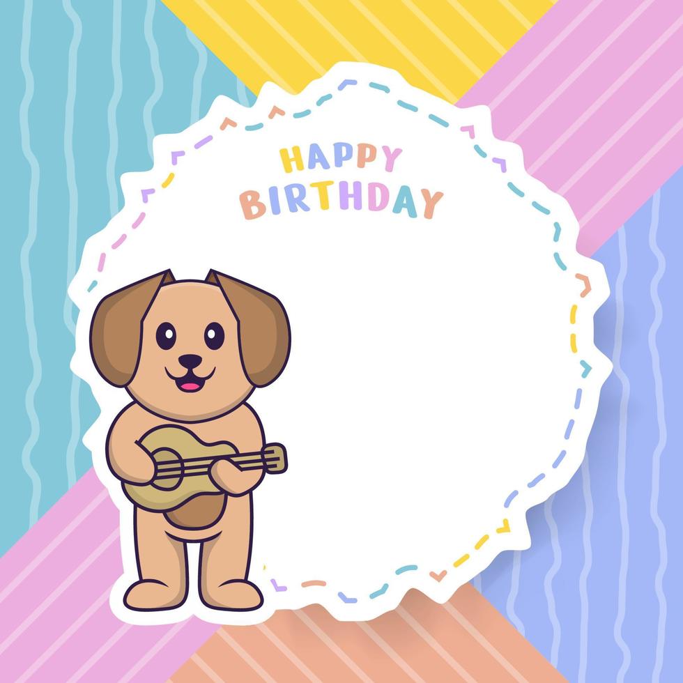 Happy Birthday greeting card with Cute dog cartoon character. Vector Illustration