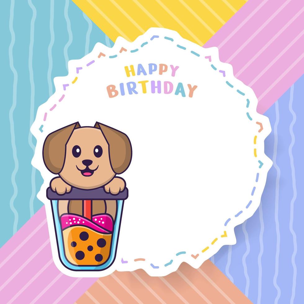 Happy Birthday greeting card with Cute dog cartoon character. Vector Illustration