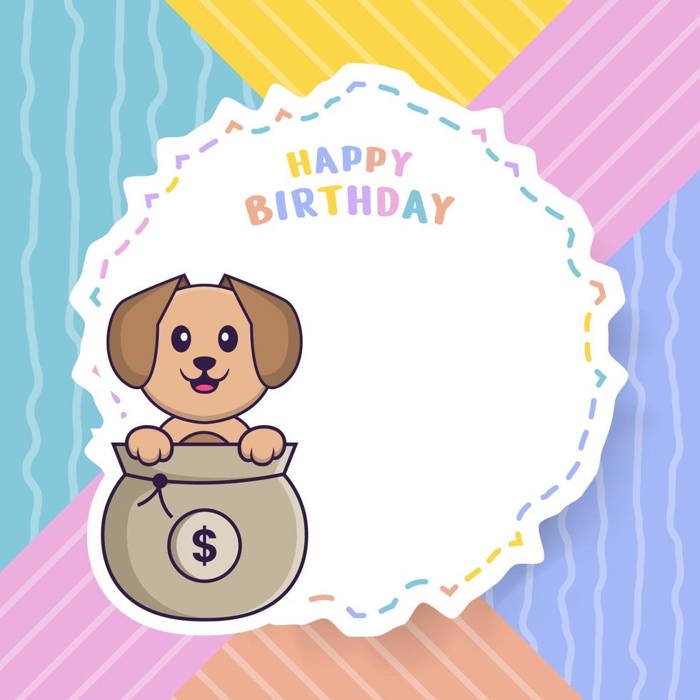 Happy Birthday greeting card with Cute dog cartoon character. Vector Illustration
