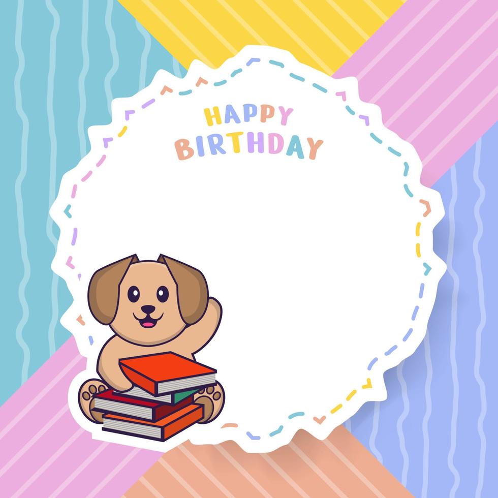 Happy Birthday greeting card with Cute dog cartoon character. Vector Illustration