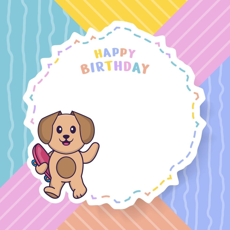 Happy Birthday greeting card with Cute dog cartoon character. Vector Illustration