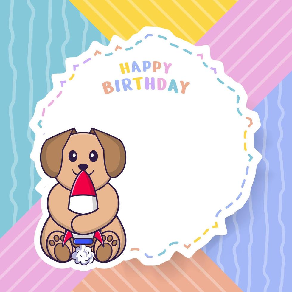 Happy Birthday greeting card with Cute dog cartoon character. Vector Illustration