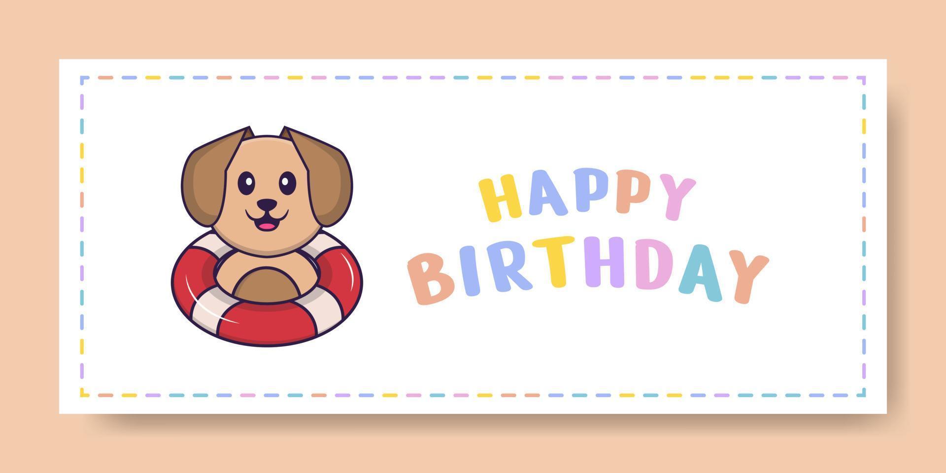 Happy Birthday banner with Cute dog cartoon character. Vector Illustration