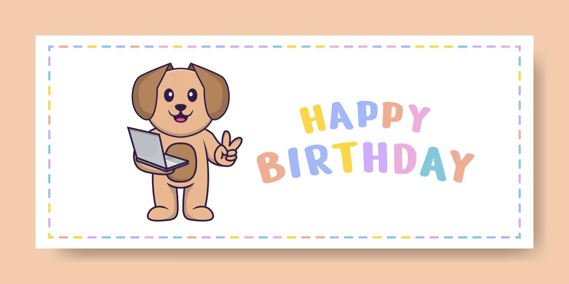Happy Birthday banner with Cute dog cartoon character. Vector Illustration