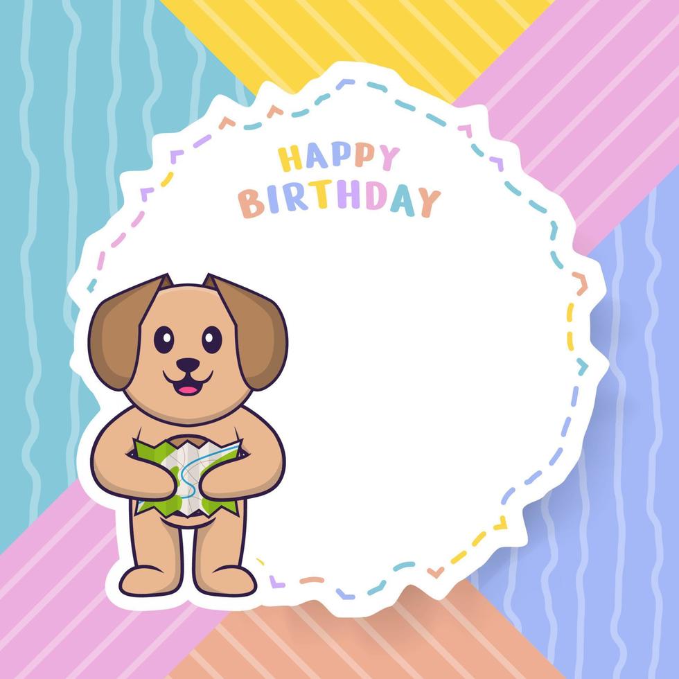 Happy Birthday greeting card with Cute dog cartoon character. Vector Illustration