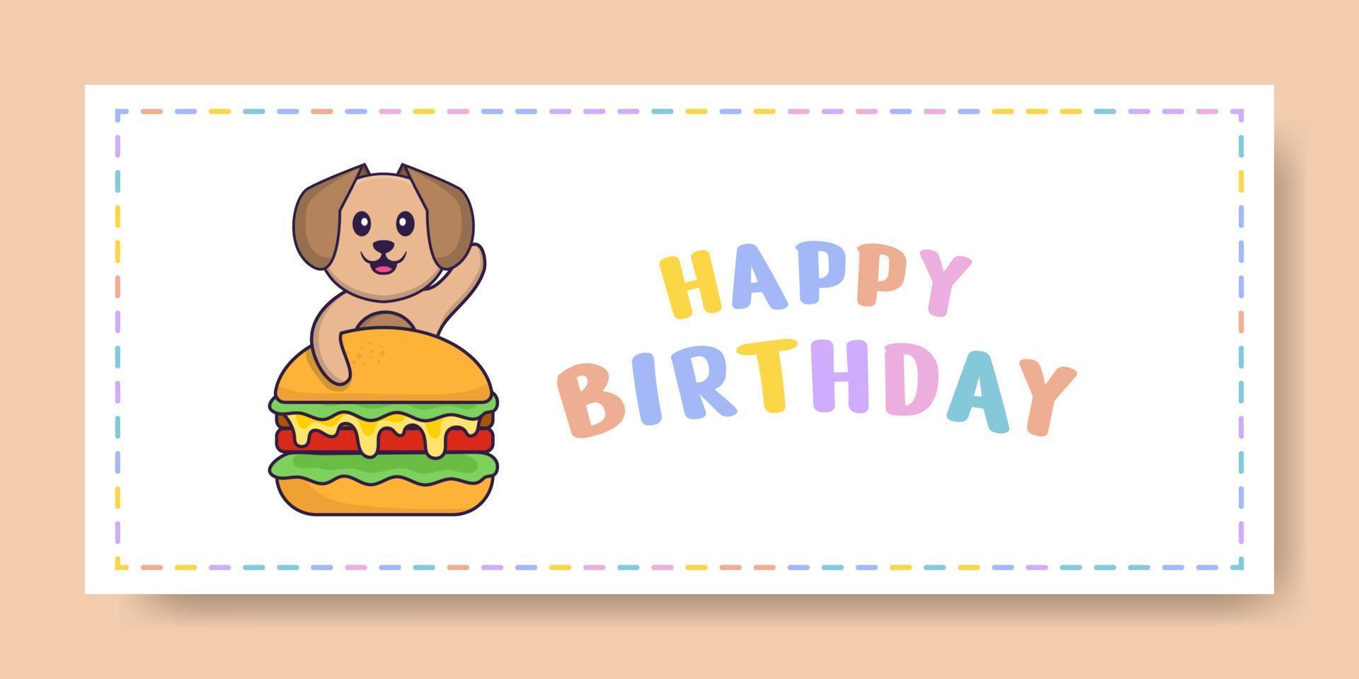 Happy Birthday banner with Cute dog cartoon character. Vector Illustration