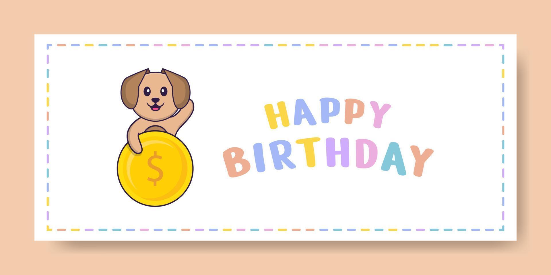 Happy Birthday banner with Cute dog cartoon character. Vector Illustration