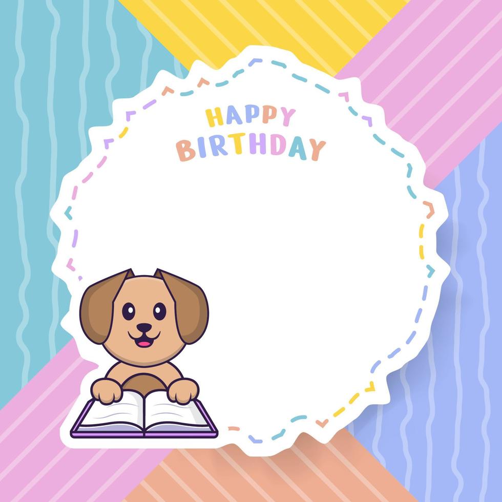 Happy Birthday greeting card with Cute dog cartoon character. Vector Illustration