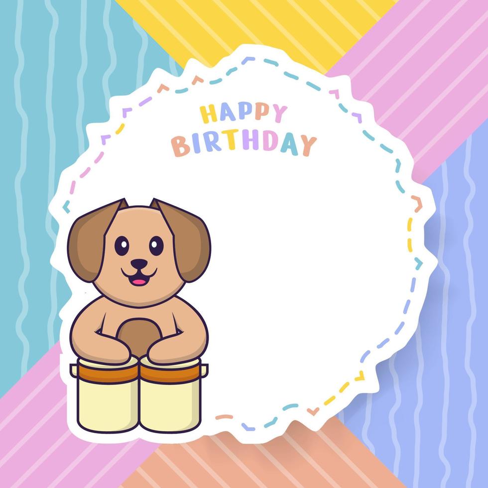 Happy Birthday greeting card with Cute dog cartoon character. Vector Illustration