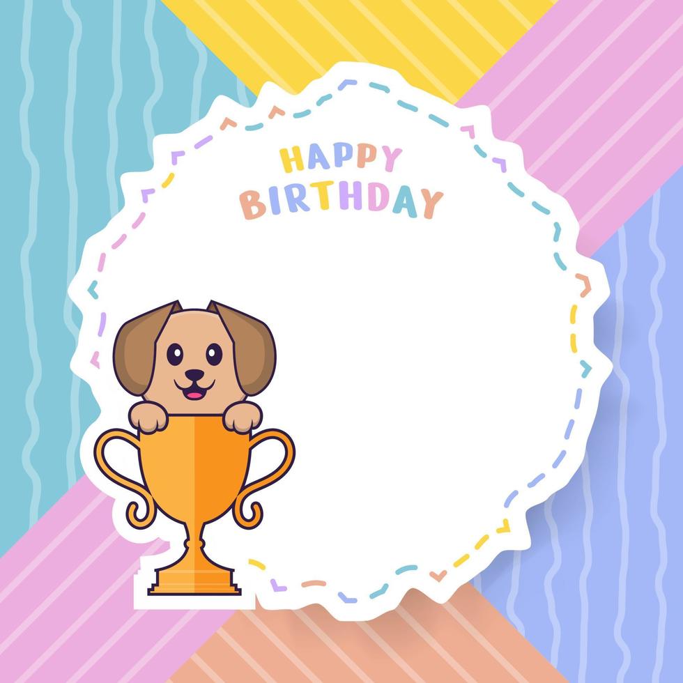 Happy Birthday greeting card with Cute dog cartoon character. Vector Illustration