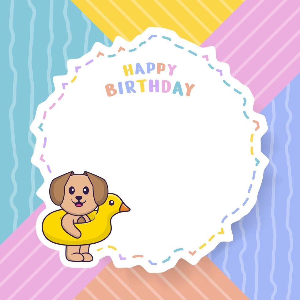 Happy Birthday greeting card with Cute dog cartoon character. Vector Illustration