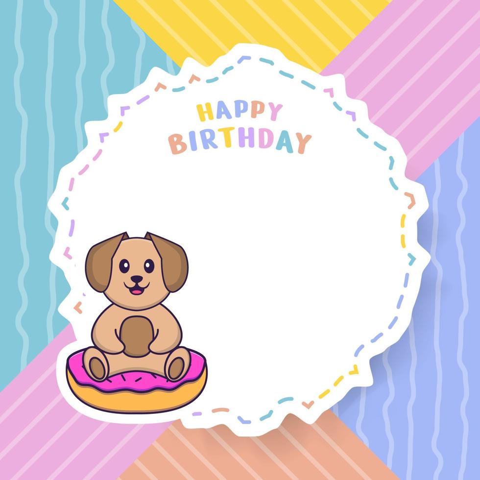 Happy Birthday greeting card with Cute dog cartoon character. Vector Illustration